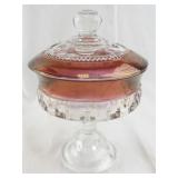 Vintage Glass Compote Dish with Ruby Red Rim and Lid