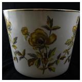Large Porcelain Planter with Yellow Floral Pattern and Gold Rim