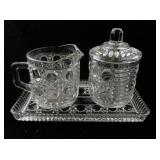 Pressed Glass Creamer, Sugar Bowl with Lid, and Tray Set