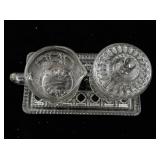 Pressed Glass Creamer, Sugar Bowl with Lid, and Tray Set