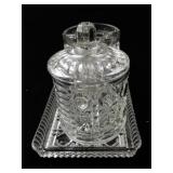 Pressed Glass Creamer, Sugar Bowl with Lid, and Tray Set