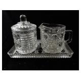 Pressed Glass Creamer, Sugar Bowl with Lid, and Tray Set