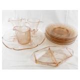 Vintage Pink Depression Glass Tableware Set with Plates, Creamer, Sugar Bowls and Divided Tray