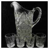 Vintage Pressed Glass Water Pitcher with 4 Matching Tumblers