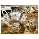 Mid-Century Glass Chip and Dip Bowl Set with Grape Motif