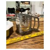 Vintage Foley Sift-Chine Triple Screen Flour Sifter and Yellow Baking Dish Set