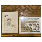 Set of 2 Framed Art Prints Including "Lunch Break" Cartoon and Winter Scene