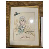 Set of 2 Framed Art Prints Including "Lunch Break" Cartoon and Winter Scene