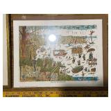 Set of 2 Framed Art Prints Including "Lunch Break" Cartoon and Winter Scene