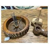 Vintage Wood Nut Bowl with Set of Crackers and Picks