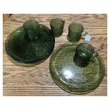Set of 4 Retro Green Swirl Glass Snack Plates and Cups