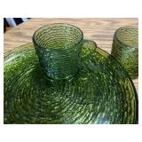 Set of 4 Retro Green Swirl Glass Snack Plates and Cups