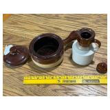 Set of 2 Brown Glazed Stoneware Crocks with Lids