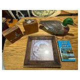 Duck Collectibles Set with Carved Decoy, Art, Bookends, and Minnesota Guide