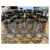 Set of 8 Vintage Silver Rim Glasses with Metal Carrier