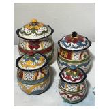 Set of 4 Hand-Painted Ceramic Kitchen Canisters with Lids