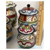 Set of 4 Hand-Painted Ceramic Kitchen Canisters with Lids