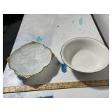 2 Vintage Bowls: Homer Laughlin Gold Trim and Milk Glass Fruit Relief