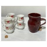 Set of 6 Floral Porcelain Mugs and Burgundy Ceramic Pitcher