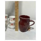 Set of 6 Floral Porcelain Mugs and Burgundy Ceramic Pitcher