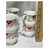 Set of 6 Floral Porcelain Mugs and Burgundy Ceramic Pitcher