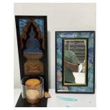 Decorative Buddha Art Panel with Amber Candle and Framed Floral Mirror