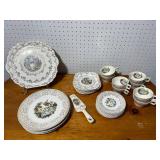 Vintage Porcelain Dinnerware Set with Cups, Plates, and Pastry Server