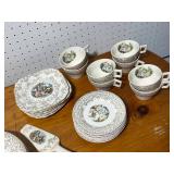 Vintage Porcelain Dinnerware Set with Cups, Plates, and Pastry Server