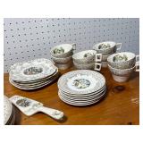 Vintage Porcelain Dinnerware Set with Cups, Plates, and Pastry Server