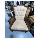 Vintage Upholstered Armchair with Cane Sides and Wooden Frame