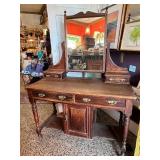 Antique Wooden Vanity Dresser with Mirror and Brass Hardware