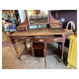 Antique Wooden Vanity Dresser with Mirror and Brass Hardware