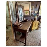 Antique Wooden Vanity Dresser with Mirror and Brass Hardware
