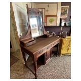 Antique Wooden Vanity Dresser with Mirror and Brass Hardware