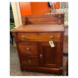Antique Wooden Washstand Cabinet with Drawers and Scalloped Backsplash