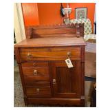 Antique Wooden Washstand Cabinet with Drawers and Scalloped Backsplash