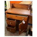 Antique Wooden Washstand Cabinet with Drawers and Scalloped Backsplash