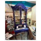 Tall Vintage Blue Display Cabinet with Gold Accents Content Not Included