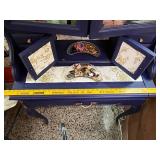 Tall Vintage Blue Display Cabinet with Gold Accents Content Not Included