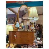 Vintage Wood Dresser with Oval Mirror and Curved Front