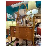 Vintage Wood Dresser with Oval Mirror and Curved Front