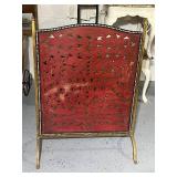 Vintage Pierced Red Fireplace Screen with Brass Frame