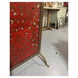 Vintage Pierced Red Fireplace Screen with Brass Frame