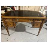Elegant Wooden Desk with Black Leather Top and Brass Handles
