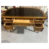 Elegant Wooden Desk with Black Leather Top and Brass Handles