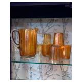 Vintage Iridescent Amber Glass Pitcher Set with 6 Tumblers