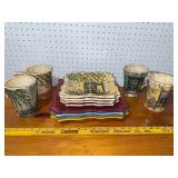 Colorful Hand-Painted Pottery Set - 4 Mugs & 5 Plates with Window Design