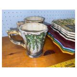 Colorful Hand-Painted Pottery Set - 4 Mugs & 5 Plates with Window Design