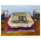 Colorful Hand-Painted Pottery Set - 4 Mugs & 5 Plates with Window Design