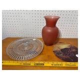 Decorative Glass Trio: Crystal Plate, Red Vase & Grape Trivet
